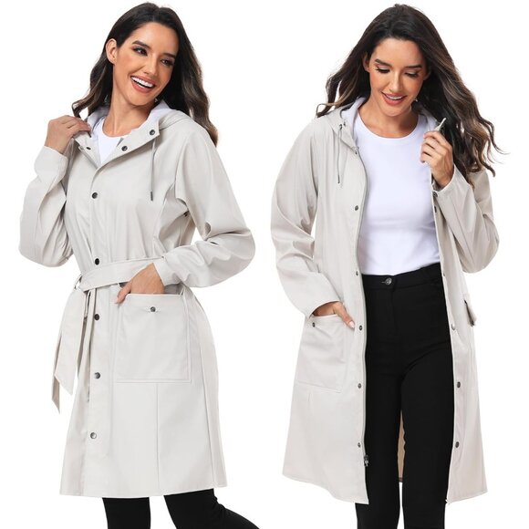 Women’s Tc-beige Waterproof Rain Jackets Hooded Long & Raincoat Windbreaker - Picture 2 of 9
